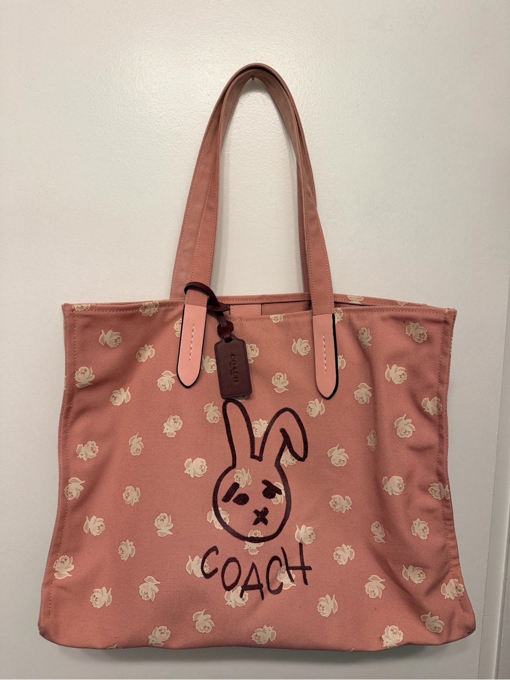 COACH Pink Floral Bunny Canvas Tote with Leather Tag